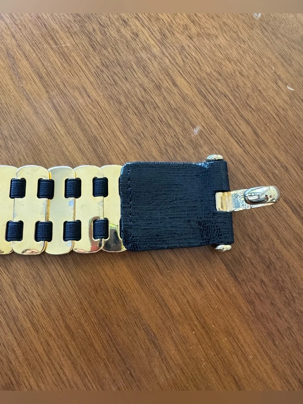 Sandy Duftler Gold Latch Black Leather Belt Large